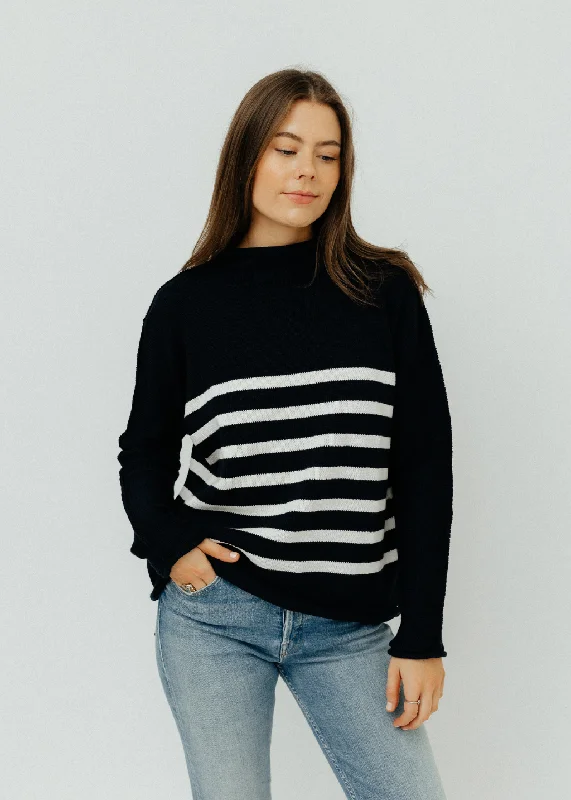 Frank & Eileen Monterey Sweater in Navy with Ivory Stripe Notch Collar Peter Pan Collar Cowl Neck