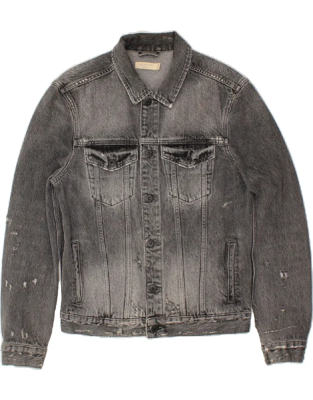 ALL SAINTS Mens Denim Jacket UK 38 Medium Grey Cotton Denim Fabric Leather Fabric Suede Fabric ALL SAINTS Mens Denim Jacket UK 38 Medium Grey Cotton Denim Fabric Leather Fabric Suede Fabric