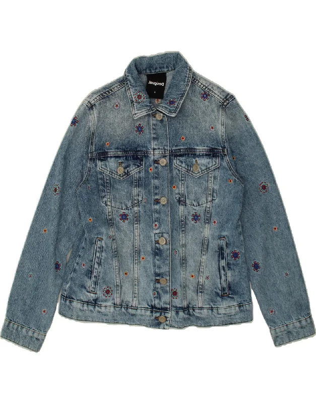 DESIGUAL Womens Denim Jacket UK 14 Large Blue Floral Cotton Anorak Shell Jacket Lightweight Jacket