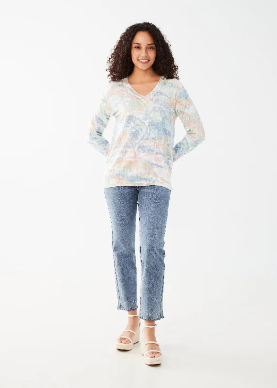 FDJ Printed Long Sleeve Sweater 1753841-BP Bahama Print Welt Pockets Slit Pockets Flap Pockets