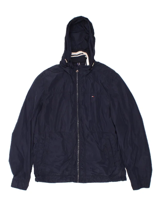 TOMMY HILFIGER Mens Hooded Rain Jacket UK 40 Large Navy Blue Cotton Jacket Linen Jacket Terry Jacket