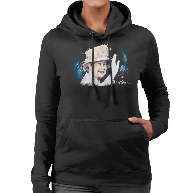 Sidney Maurer Original Portrait Of Queen Elizabeth Floral Hat Women's Hooded Sweatshirt Hoodie with Mock Neck Collared Structured