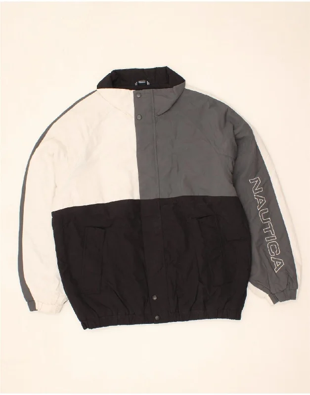 NAUTICA Mens Graphic Bomber Jacket UK 40 Large Grey Colourblock Polyester Nylon Fabric Polyester Fabric Spandex Fabric NAUTICA Mens Graphic Bomber Jacket UK 40 Large Grey Colourblock Polyester Nylon Fabric Polyester Fabric Spandex Fabric