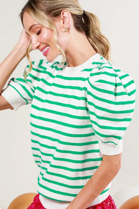 Sailor Striped Puff Sleeve Sweater in Green Lightweight Heavyweight Midweight