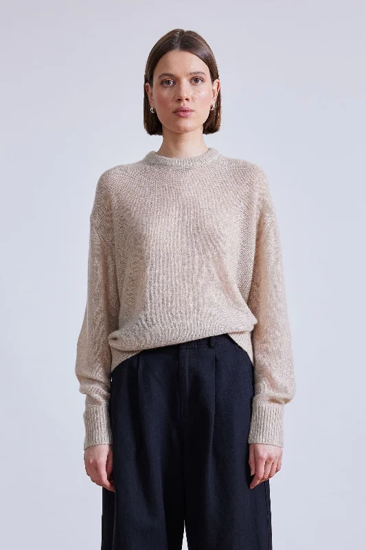 Softest tissue weight sweater in Sand Mesh Blend Leather Blend Suede Blend