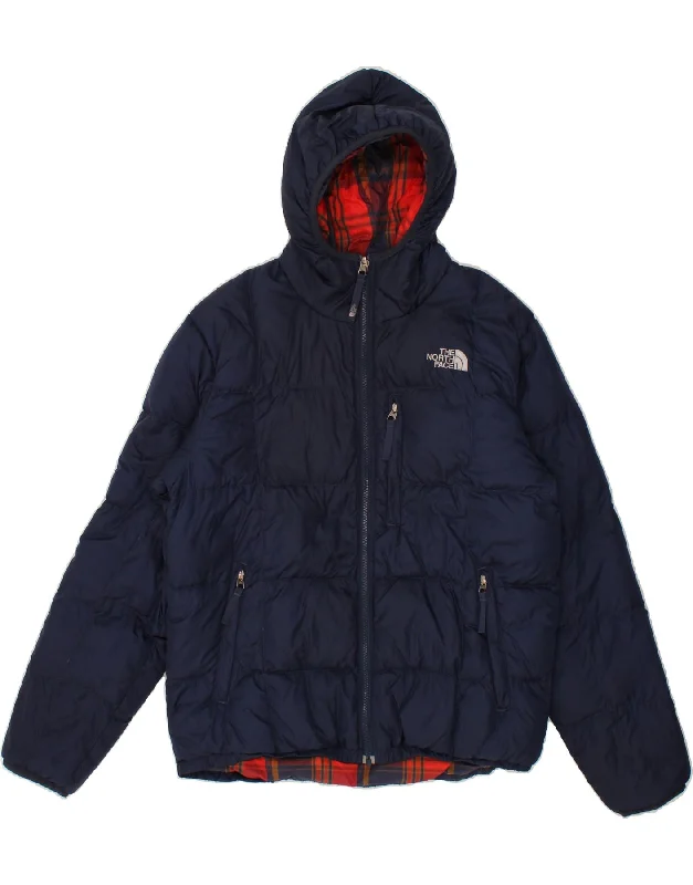 THE NORTH FACE Mens Hooded Reversible Padded Jacket UK 36 Small Navy Blue Knit Fabric Woven Fabric Fleece Fabric