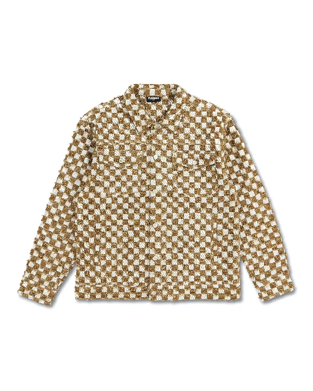 Curfew Checker Trucker Jacket - Brown Collared Jacket Crew Neck Jacket Turtle Neck Jacket