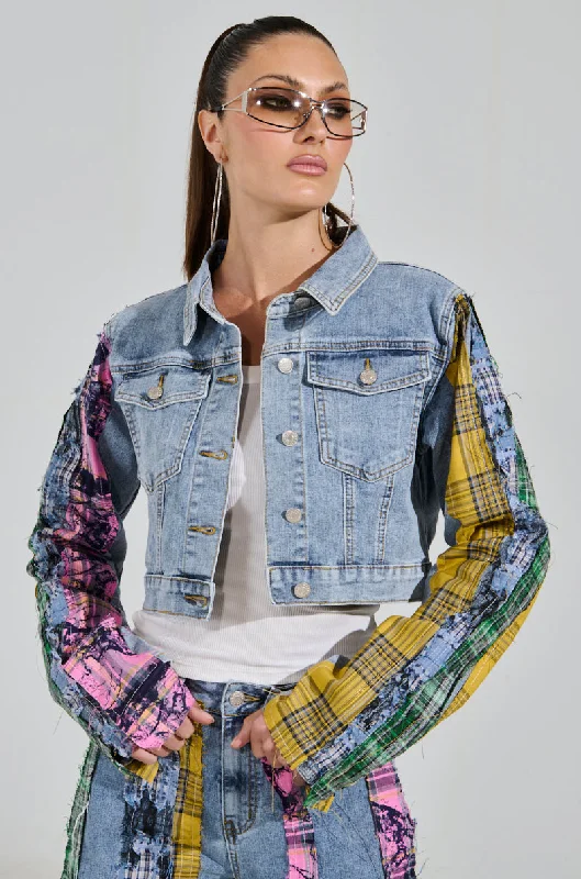 MAKING WAVES PATCHWORK DENIM JACKET Striped Jacket Polka Dot Jacket Floral Jacket