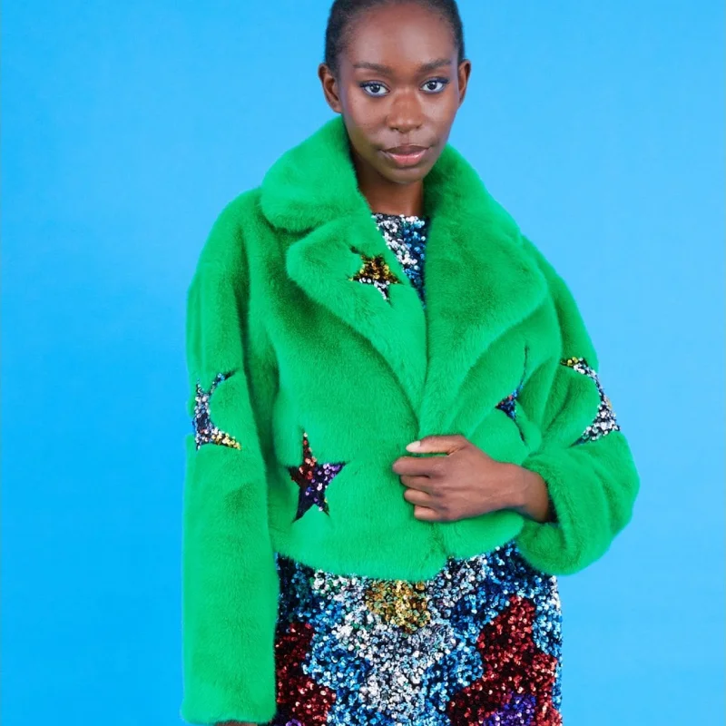 Faux Fur Star Jacket Green Cardigan Sweater Pullover