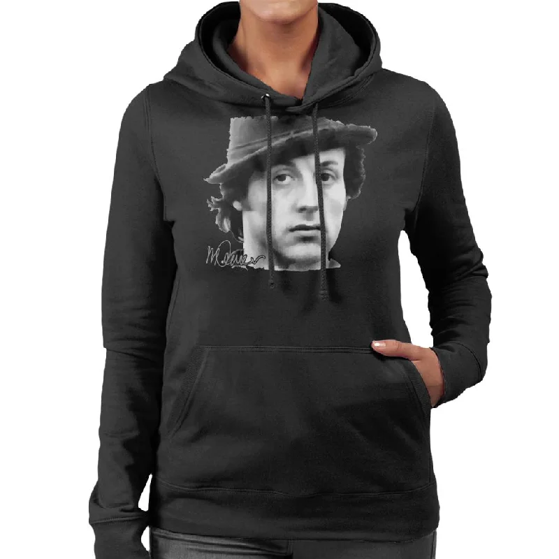 Sidney Maurer Original Portrait Of Sylvester Stallone Hat Women's Hooded Sweatshirt Hoodie with Mock Neck Collared Structured