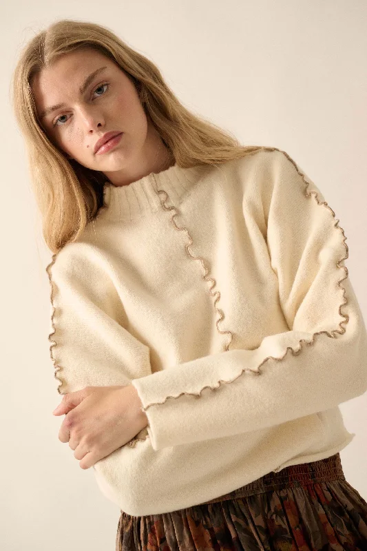 Wave Hello Lettuce-Edge Mock-Neck Sweater Hooded Sweater Collared Sweater Shawl Collar