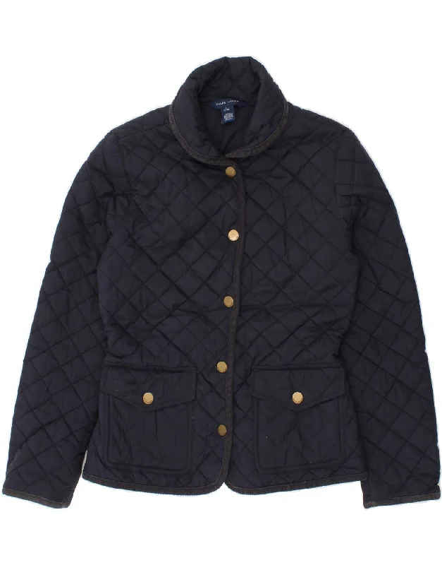 RALPH LAUREN Girls Quilted Jacket 12-13 Years Large Navy Blue Polyester Notch Collar Peter Pan Collar Cowl Neck