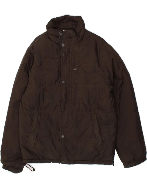 TOMMY HILFIGER Mens Reversible Padded Jacket UK 38 Medium Brown Satin Fabric Silk Fabric Chiffon Fabric