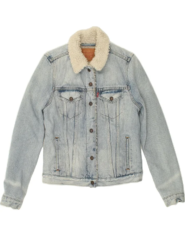 LEVI'S Womens Crop Sherpa Denim Jacket UK 10 Small Blue Cotton Satin Jacket Silk Jacket Chiffon Jacket