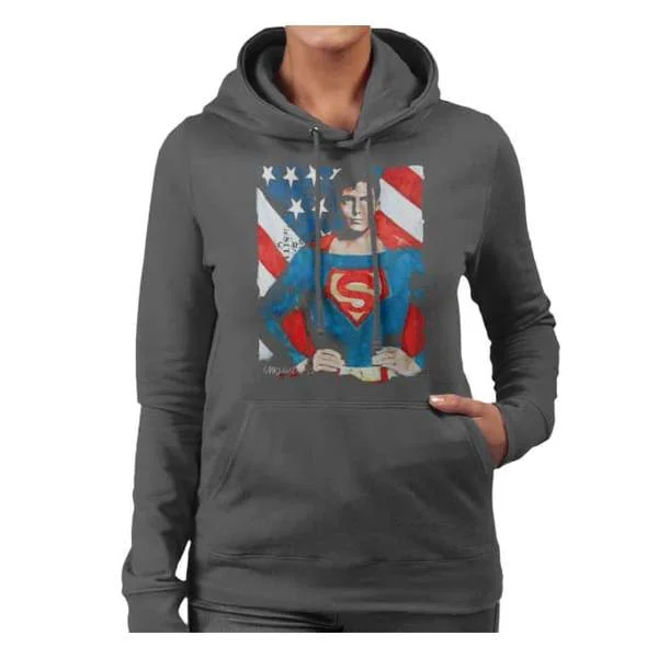 Sidney Maurer Original Portrait Of Superman Christopher Reeve Women's Hooded Sweatshirt Hoodie with Distressed Vintage Worn