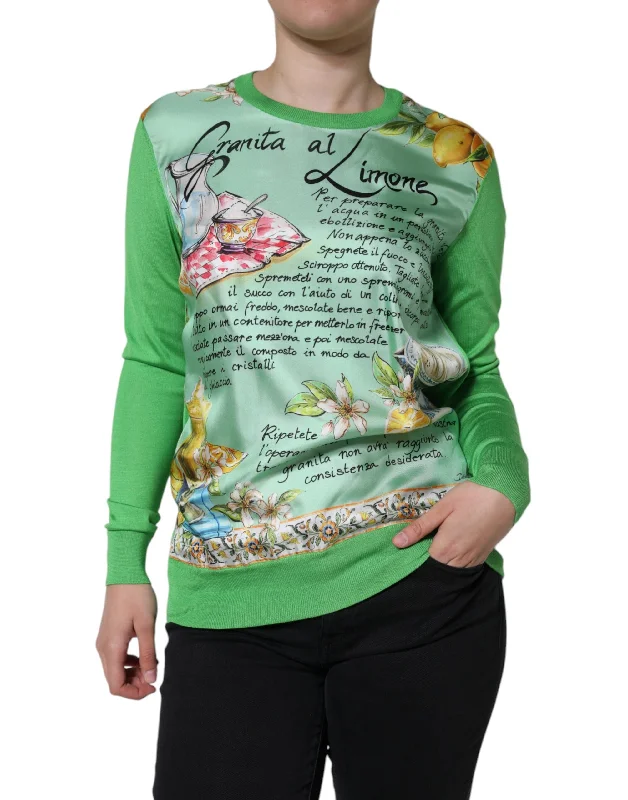 Green Silk Granita Al Limone Long Sleeves Sweater Solid Print Embellished