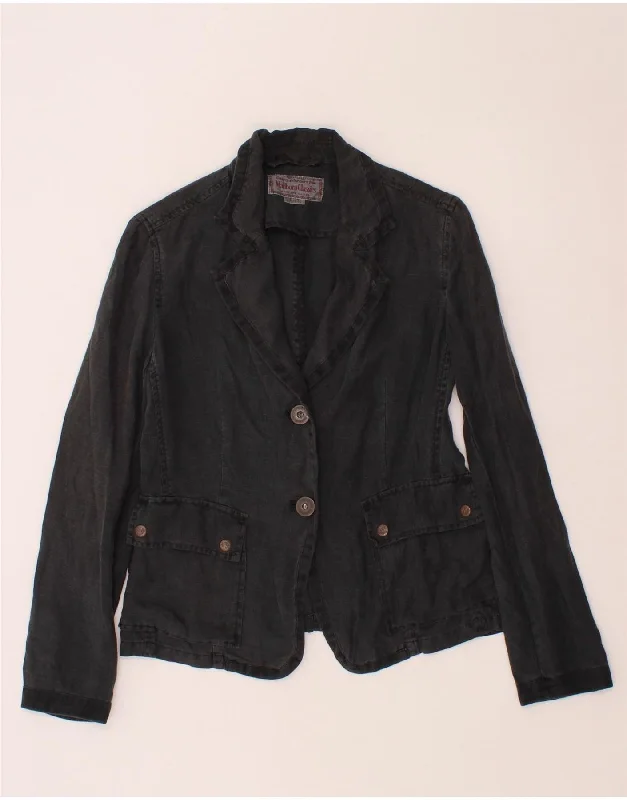 MARLBORO CLASSICS Womens 2 Button Blazer Jacket EU 40 Medium Black Linen A-Line Jacket Boat Neck Shawl Collar