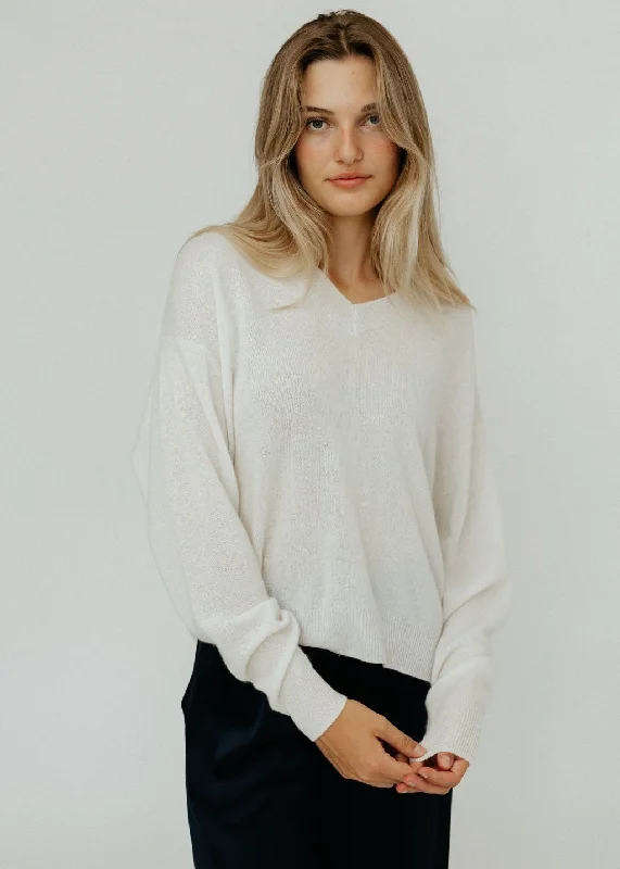 Elizabeth V-Neck Cashmere Sweater in White Welt Pockets Slit Pockets Flap Pockets