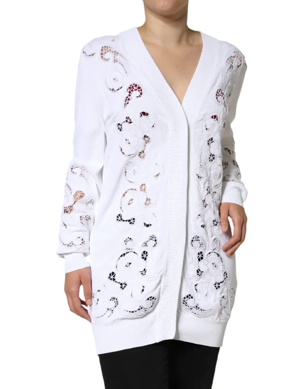 White Viscose Floral Cut Out Cardigan Sweater Boxy Sweater Fitted Sweater A-Line