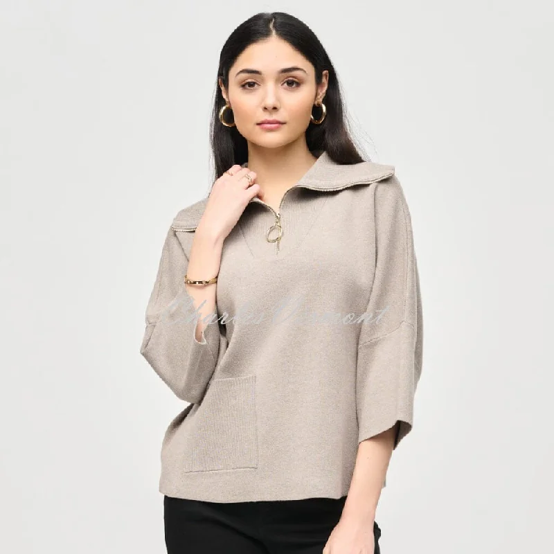 Joseph Ribkoff Zip Collar Sweater Top - Style 243954 (Taupe Melange) Tailored Straight A-Line Joseph Ribkoff Zip Collar Sweater Top - Style 243954 (Taupe Melange) Tailored Straight A-Line