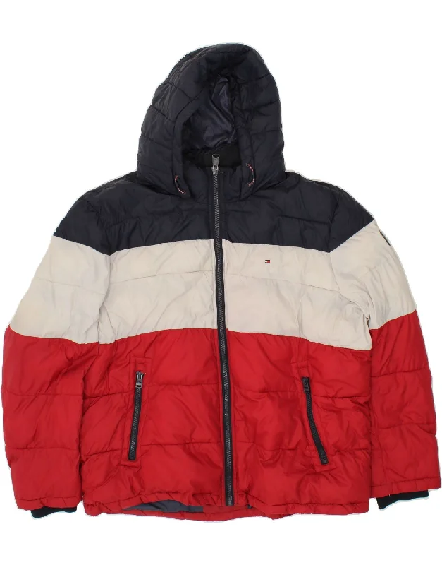 TOMMY HILFIGER Mens Hooded Padded Jacket UK 46 3XL Multicoloured Tiered Jacket Buttoned Jacket Zippered Jacket