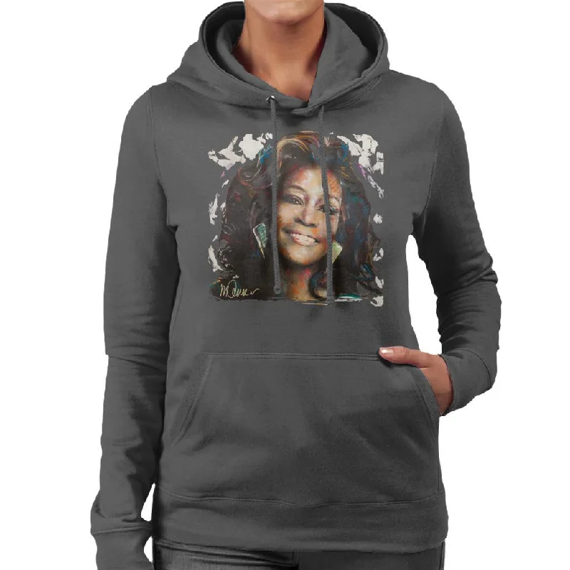 Sidney Maurer Original Portrait Of Whitney Houston White Women's Hooded Sweatshirt Hoodie with Mock Neck Collared Structured