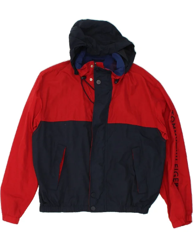 TOMMY HILFIGER Mens Graphic Hooded Rain Jacket UK 38 Medium Red Satin Jacket Silk Jacket Chiffon Jacket