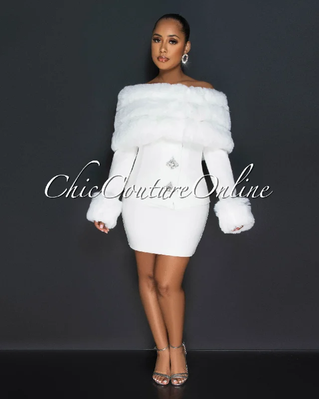 Gussy Off-White Faux Fur & Rhinestones Jacket & Skirt Set Wool Jacket Cashmere Jacket Tweed Jacket