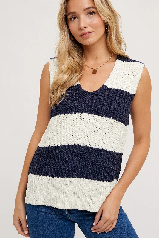 Wide Stripe Tank Sweater in Navy Seamless Knitted Crochet