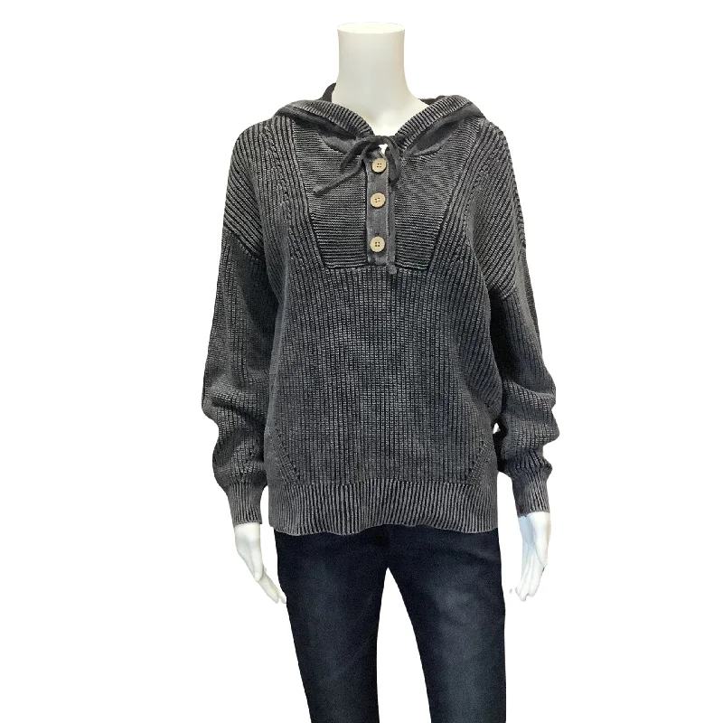 Tribal Woman's Sweater Grey Hooded Long Sleeve Ribbed Size: P/S Open Front Closed Front Wrap Front