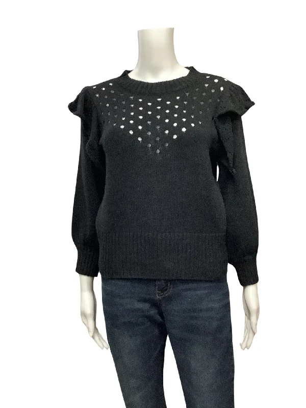 Self Contrast Women's Sweater Black Ruffle Crop Size: L Jersey Fabric Tulle Fabric Batik Fabric Self Contrast Women's Sweater Black Ruffle Crop Size: L Jersey Fabric Tulle Fabric Batik Fabric