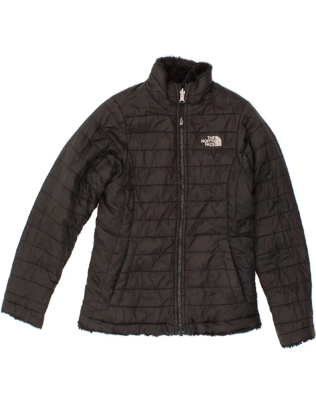 THE NORTH FACE Girls Reversible Padded Jacket 10-11 Years Medium Black Embroidered Jacket Appliqued Jacket Beaded Jacket