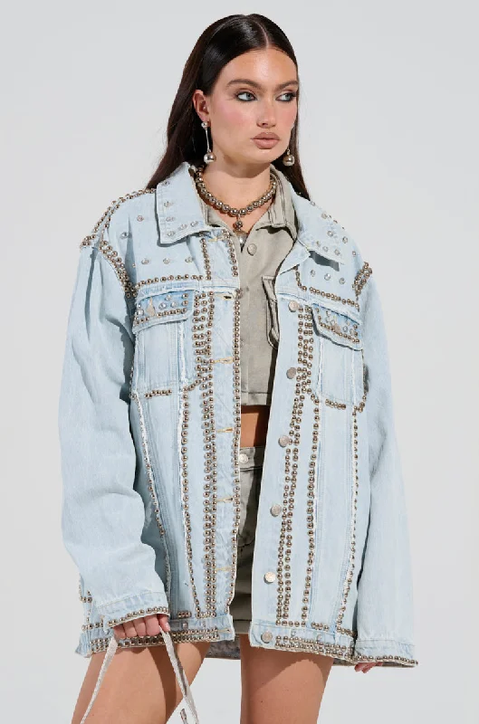 GAME TIME EMBELLISHED LONGLINE DENIM JACKET A-Line Jacket Boat Neck Shawl Collar