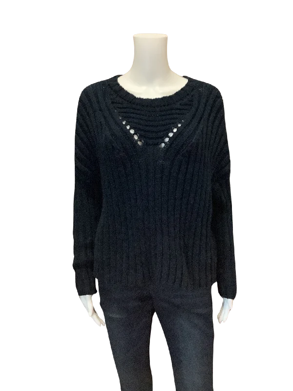 Planet by Lauren G Women's Sweater Black Ribbed Size: OS Welt Pockets Slit Pockets Flap Pockets