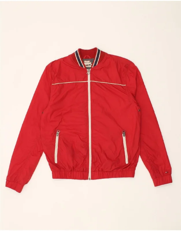 TOMMY HILFIGER Mens Bomber Jacket UK 38 Medium Red Nylon Zip Front Button Front Snap Front