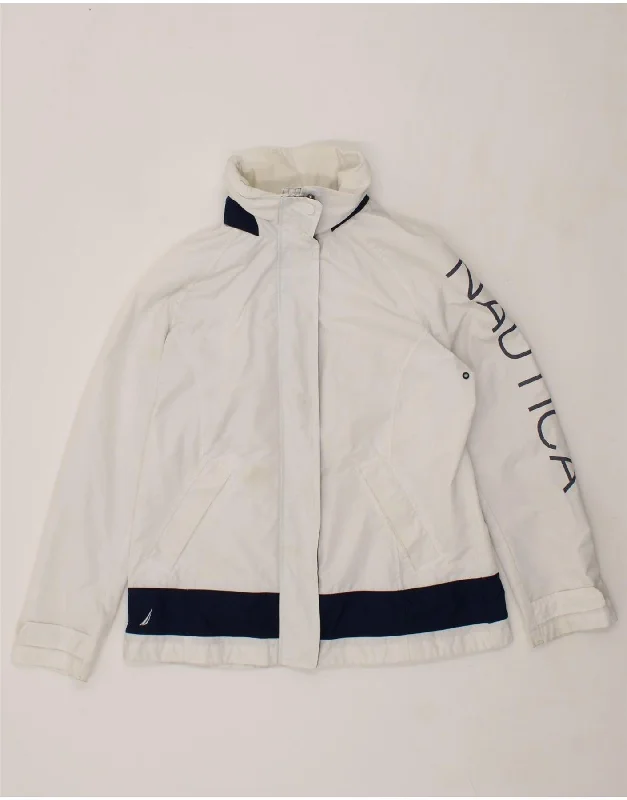 NAUTICA Womens Graphic Windbreaker Jacket UK 14 Large White Colourblock Wool Jacket Cashmere Jacket Tweed Jacket