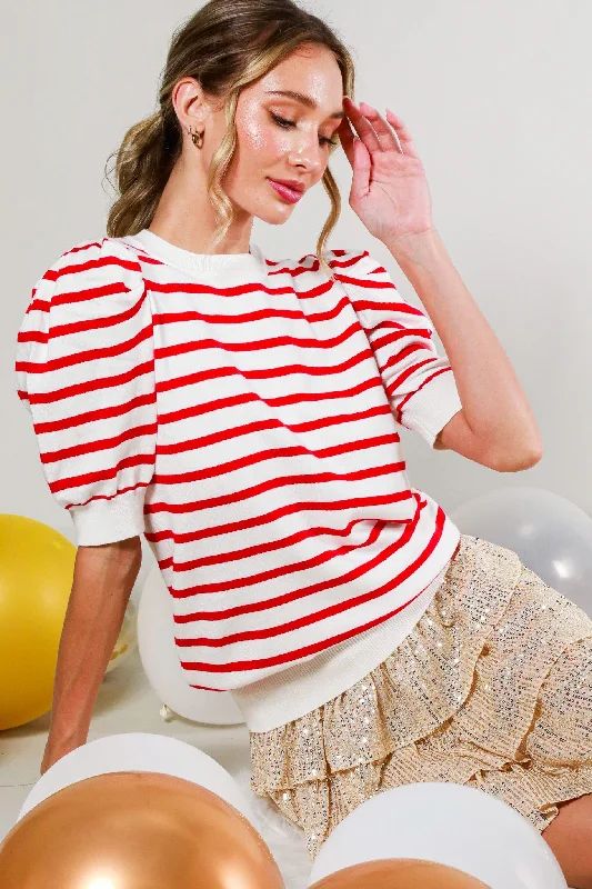 Sailor Striped Puff Sleeve Sweater in Red FINAL SALE Transparent Opaque Sheer