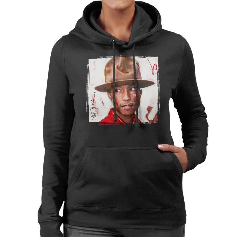 Sidney Maurer Original Portrait Of Pharrel Williams The Hat Women's Hooded Sweatshirt Hoodie with Earth Tones Natural Calm