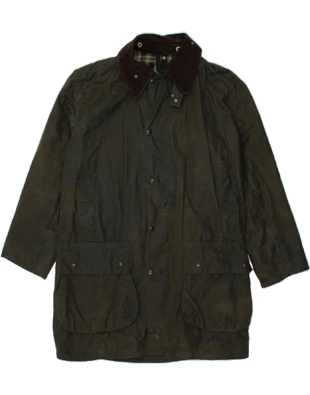 BARBOUR Mens Border Waxed Cotton Jacket Size 40 Medium Green Cotton Wool Fabric Cashmere Fabric Tweed Fabric