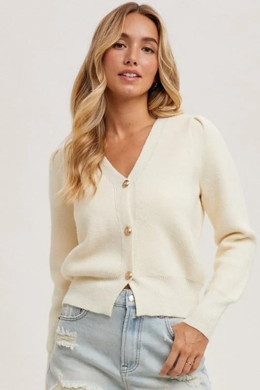 So Pretty Cardigan Sweater in Ivory Zippered Buttoned Snapped