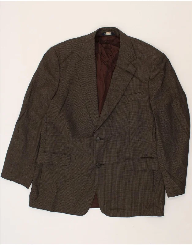 BROOKS BROTHERS Mens Stretch 2 Button Blazer Jacket UK 43 XL Brown Check Snapped Jacket Toggled Jacket Drawstring Jacket