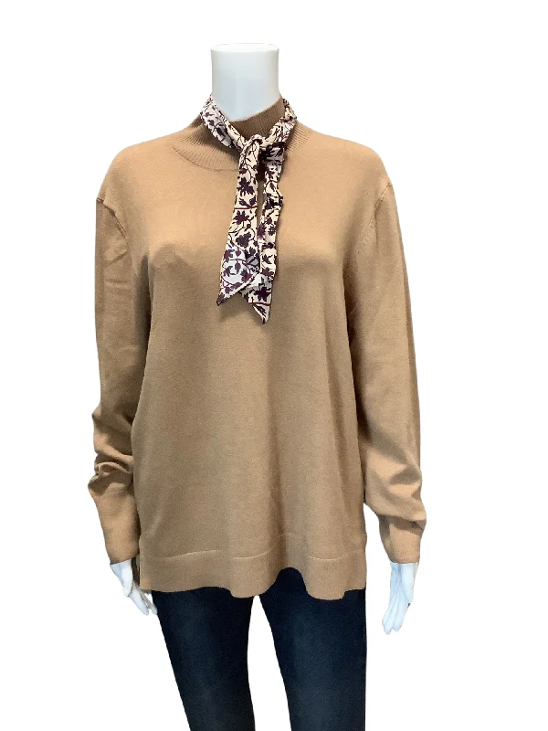 Ecru Women's Sweater Tan Ribbed Collar With Neck Tie Size: XL Turtle Neck Boat Neck Asymmetrical Neck