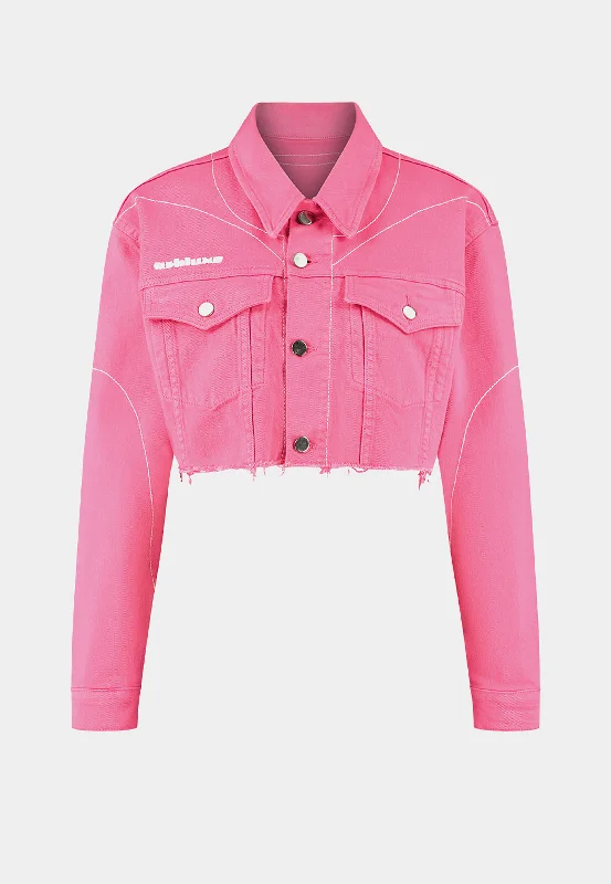 Ashluxe Female Denim Crop Jacket - Pink Print Jacket Jacquard Jacket Embroidered Jacket