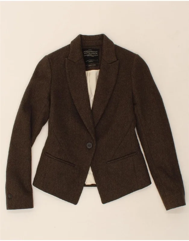 ALL SAINTS Womens 1 Button Blazer Jacket UK 6 XS Brown Herringbone Wool Zip Front Button Front Snap Front