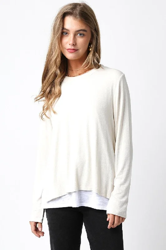 Brooke Double Layer Tee Sweater in Ivory Satin Fabric Silk Fabric Chiffon Fabric