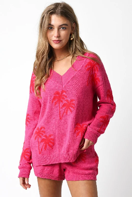 Summer Palm Tree Sweater in Pink Slim Fit Regular Fit Oversized