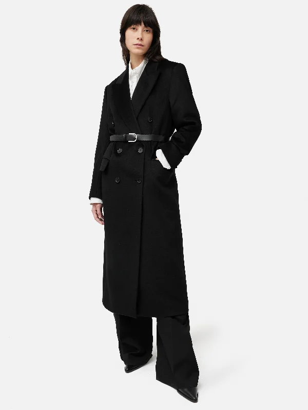 Double Breasted Wool Maxi Coat | Black Bomber Denim Leather