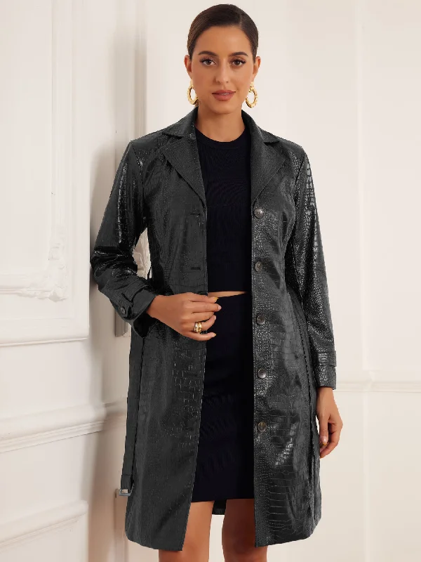 Faux Crocodile Leather Button Down Belted Winter Long Coat Rayon Velvet Corduroy