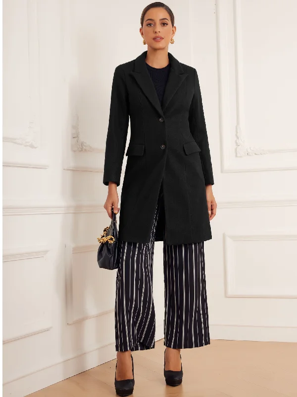 Notched Lapel Pockets Buttons Elegant Long Sleeve Winter Pea Coats Tie-Waist Belted Drawstring