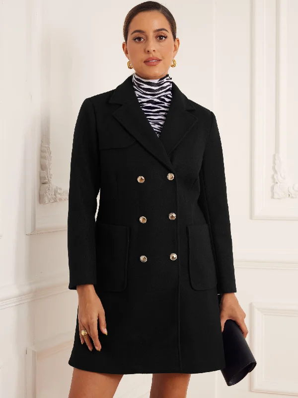 Notched Lapel Pockets Double Breasted Long Sleeve Pea Coat Square Neck One-Shoulder Off-the-Shoulder